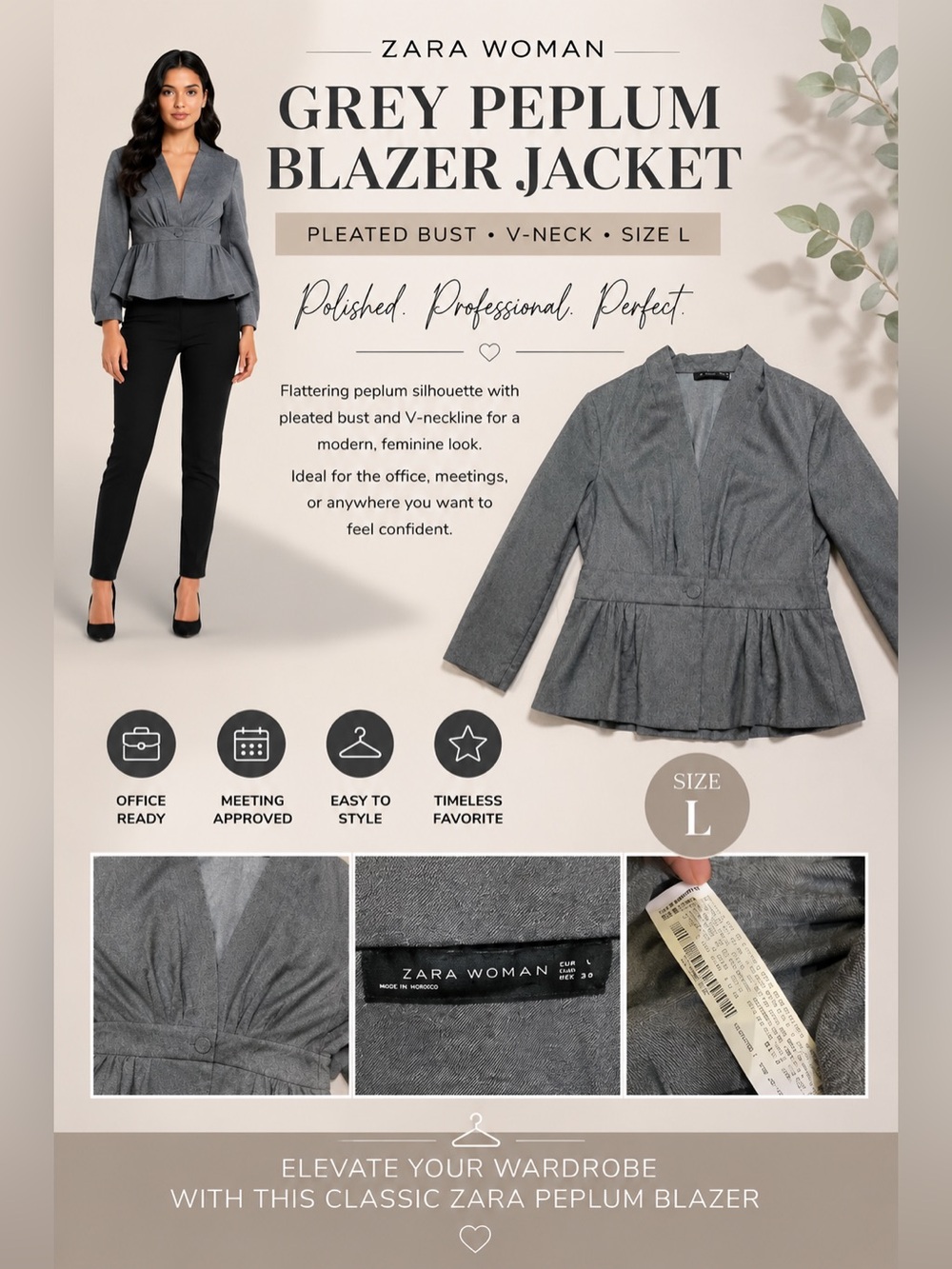 Zara Woman Grey Peplum Blazer Jacket Pleated Bust V-Neck Office Career Size L